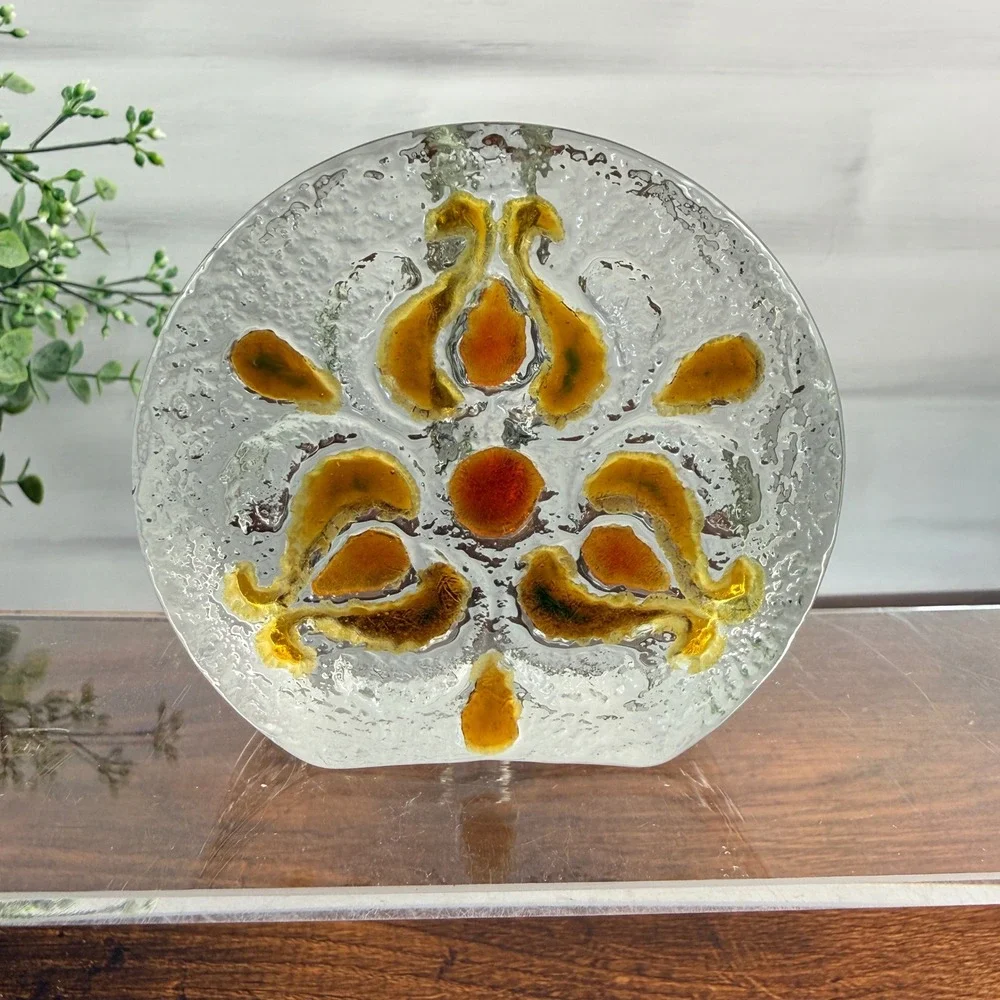Walther Glas Crystal Bud Vase Amber Floral Relief West Germany